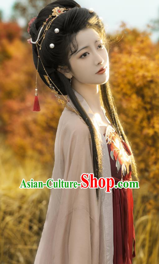 Chinese Tang Dynasty Princess Garment Costumes Traditional Dark Red Hanfu Dresses Ancient Goddess Clothing