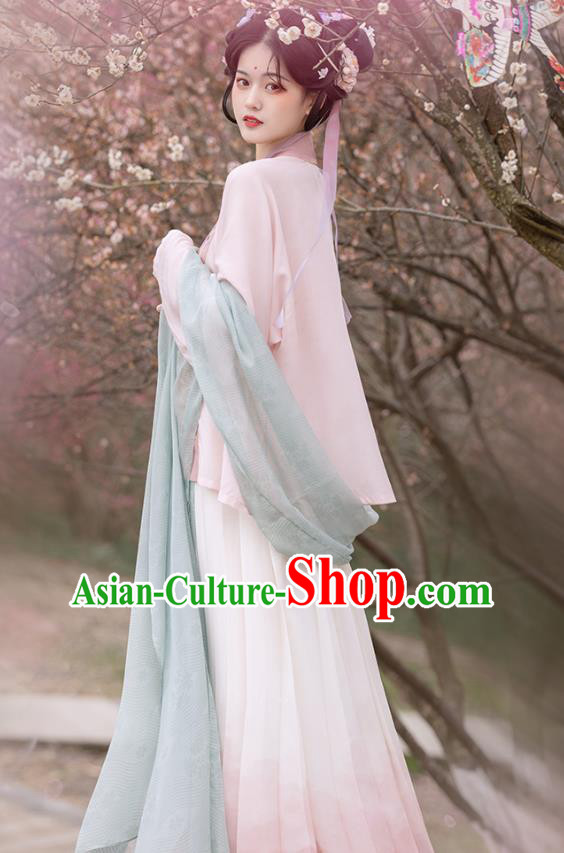 China Ancient Young Lady Costumes Traditional Song Dynasty Civilian Woman Pink Hanfu Dresses