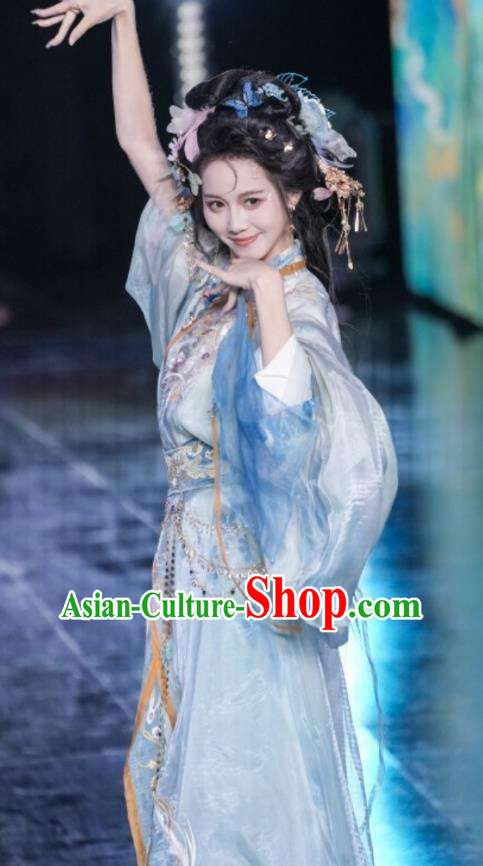 China Ancient Noble Lady Costumes Traditional Embroidered Hanfu Warring States Period Empress Blue Dresses