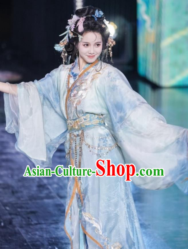 China Ancient Noble Lady Costumes Traditional Embroidered Hanfu Warring States Period Empress Blue Dresses