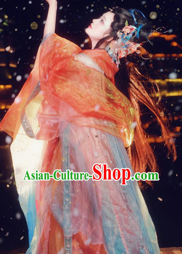 China Tang Dynasty Empress Red Dresses Ancient Butterfly Fairy Costumes Traditional Embroidered Hanfu
