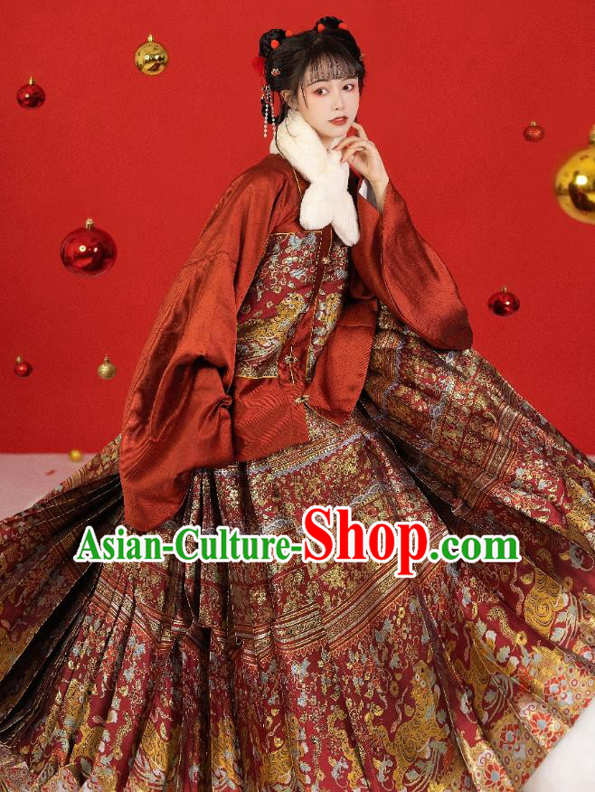 China Ancient Young Lady Costumes Ming Dynasty Princess Clothing Traditional Hanfu Red Blouse and Skirt Complete Set