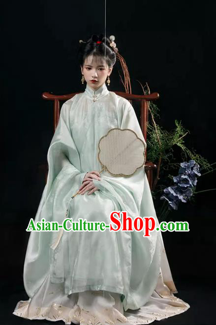China Ancient Noble Lady Costumes Traditional Ming Dynasty Light Green Long Gown and Ma Mian Qun Skirt Complete Set