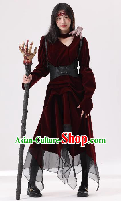 Top Cosplay Demon Dark Red Dress Halloween Fancy Ball Vampiress Costume for Women