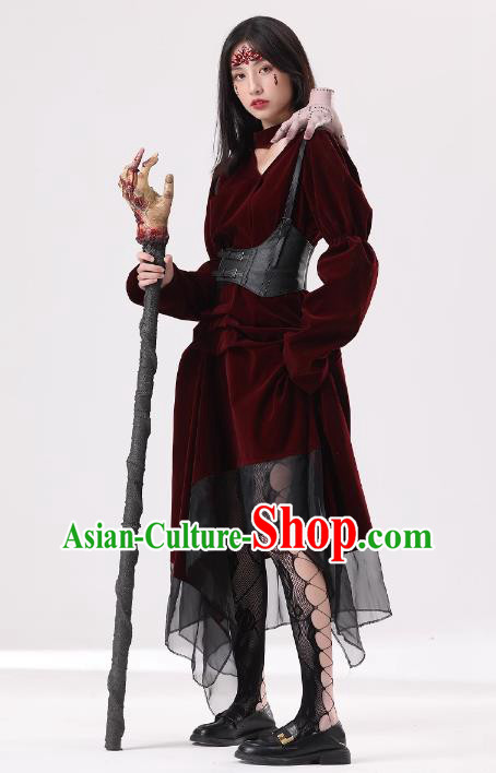 Top Cosplay Demon Dark Red Dress Halloween Fancy Ball Vampiress Costume for Women