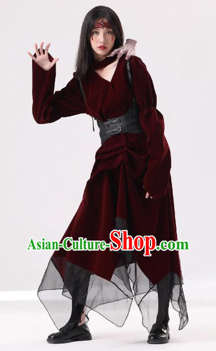 Top Cosplay Demon Dark Red Dress Halloween Fancy Ball Vampiress Costume for Women