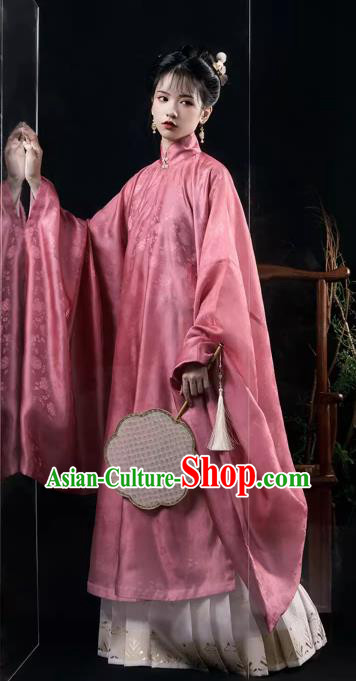 China Traditional Hanfu Fashion Ancient Ming Dynasty Replica Costumes Young Woman Pink Long Gown and Mamian Qun