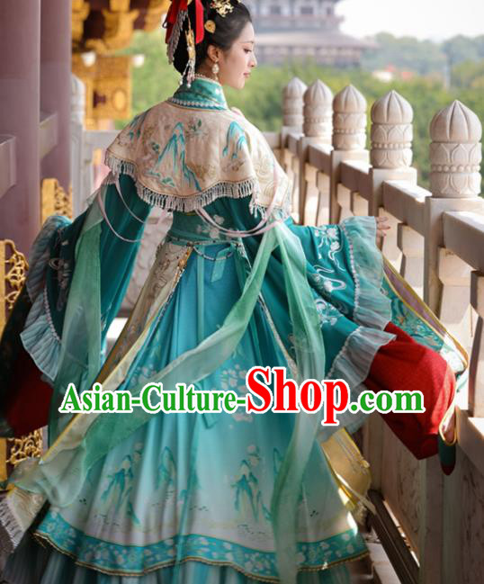 China Traditional Mural Empress Green Hanfu Dress Ancient Goddess Costumes Southern and Northern Dynasties Historical Clothing