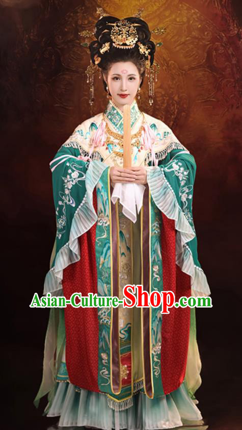 China Traditional Mural Empress Green Hanfu Dress Ancient Goddess Costumes Southern and Northern Dynasties Historical Clothing
