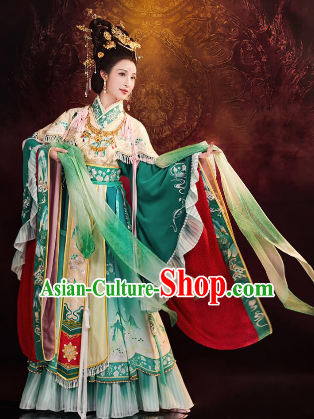 China Traditional Mural Empress Green Hanfu Dress Ancient Goddess Costumes Southern and Northern Dynasties Historical Clothing