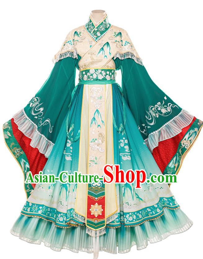 China Traditional Mural Empress Green Hanfu Dress Ancient Goddess Costumes Southern and Northern Dynasties Historical Clothing