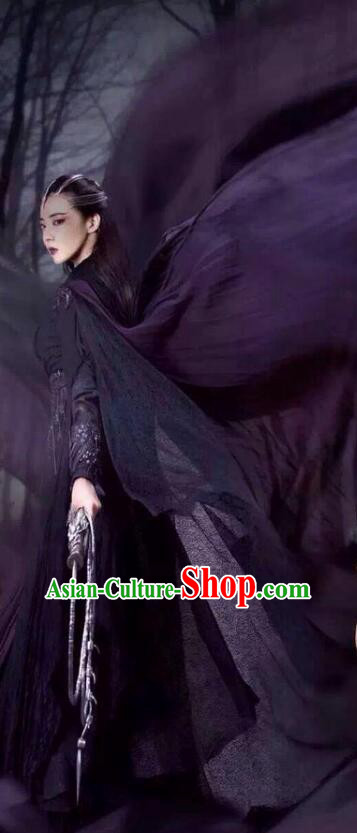 China Ancient Swordswoman Costume Wuxia TV the Legend of the Condor Heroes Mei Chaofeng Purple Outfit with Cloak
