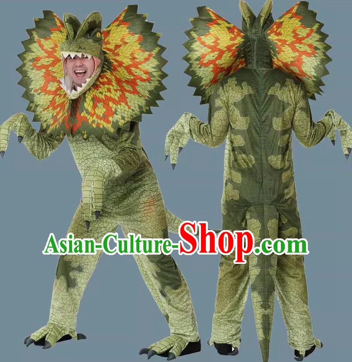 Top Stage Performance Jurassic Dinosaur Clothing Cosplay Dilophosaurus Green Outfit Halloween Party Costume