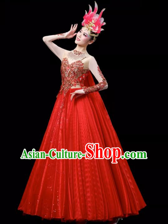 Red Opening Dance Large Swing Skirt Dance Costume Large Party Stage Costume Performance Costume Long Skirt Tutu Skirt Wings