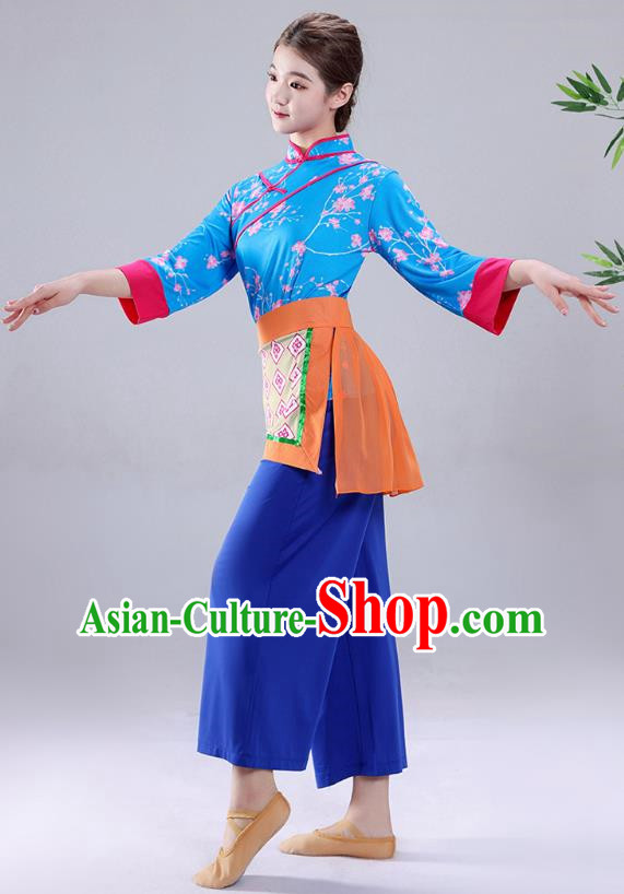 Blue Tea Picking Female Dance Costumes Bamboo Hats Yangko Costumes Adult Village Girl Costumes Ethnic Style Costumes
