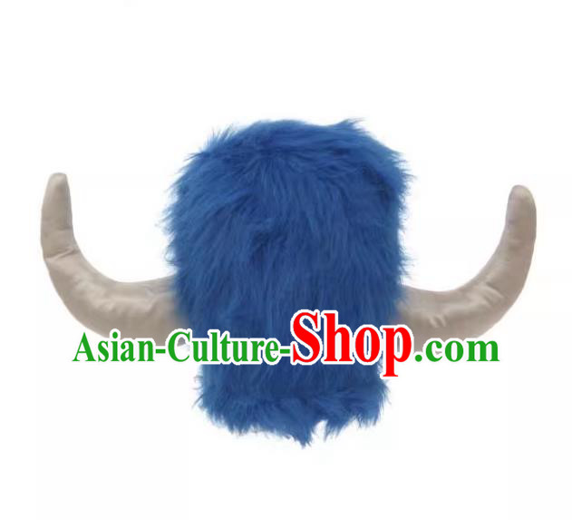 Handmade Cosplay Buffalo Hat Halloween Stage Performance Blue Fur Cowhorn Hat