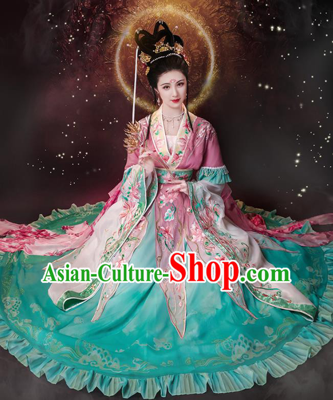 China Jin Dynasty Historical Costumes Embroidered Hanfu Dress Ancient Goddess Green Clothing