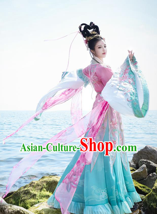 China Jin Dynasty Historical Costumes Embroidered Hanfu Dress Ancient Goddess Green Clothing