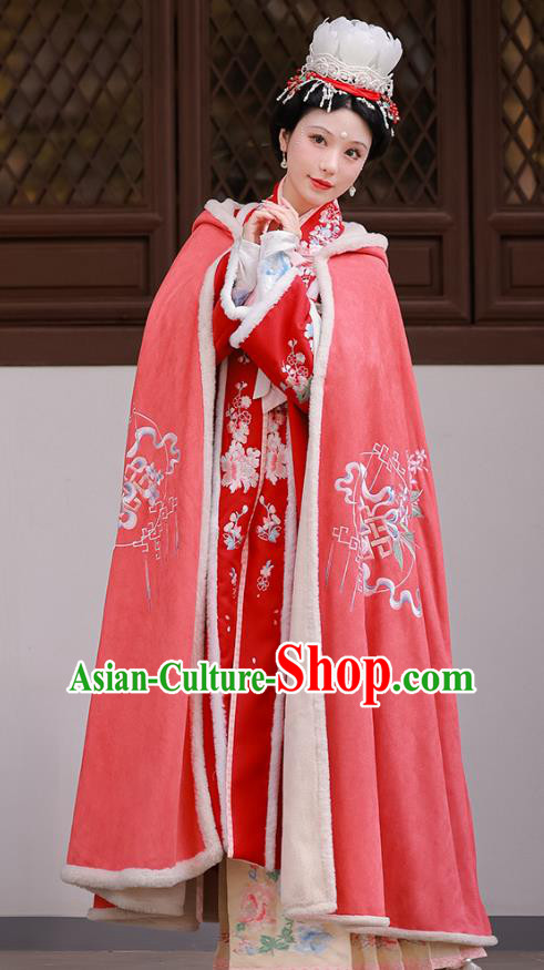 China Winter Pink Cloak Embroidered Hanfu Cape Ancient Princess Clothing Song Dynasty Woman Costume