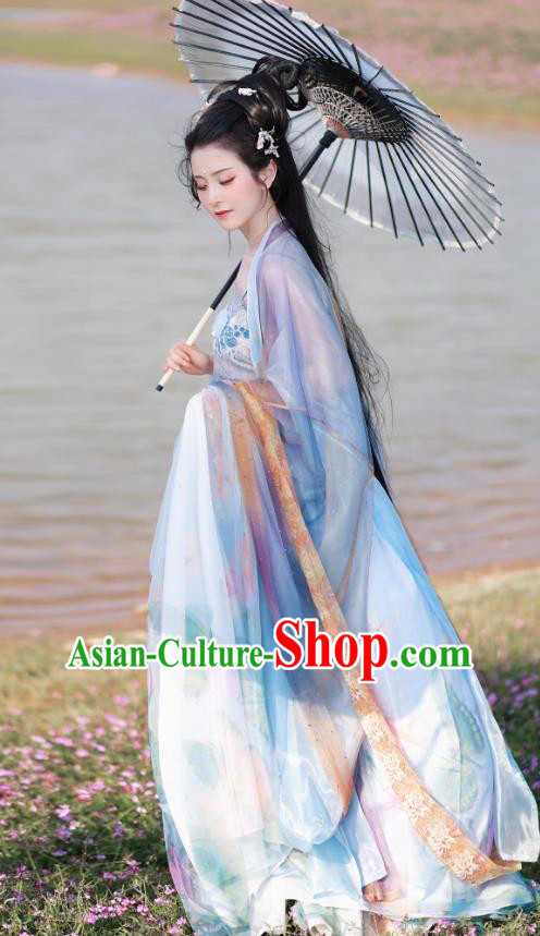 Traditional Hanfu Blue Hezi Dress China Ancient Princess Clothing Tang Dynasty Young Lady Costumes
