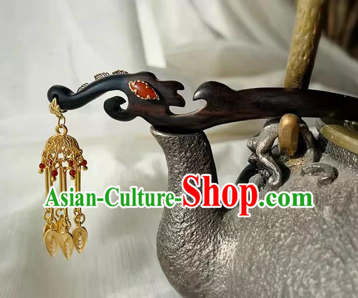 Traditional Golden Tassel Headgear Handmade Cheongsam Hair Jewelry Christmas Gift Chinese Hanfu Ebony Hairpin