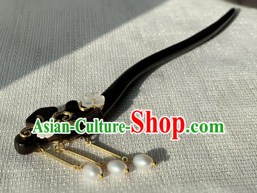 Handmade Cheongsam Hair Jewelry Christmas Gift Chinese Hanfu Ebony Hairpin Traditional Pearls Tassel Headgear