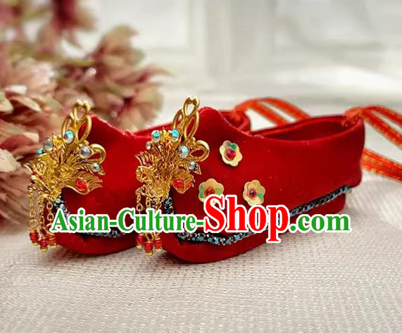 Chinese Traditional Embroidery Shoe Handmade Mazu Goddess Red Shoes Bodhisattva Phoenix Red Shoes
