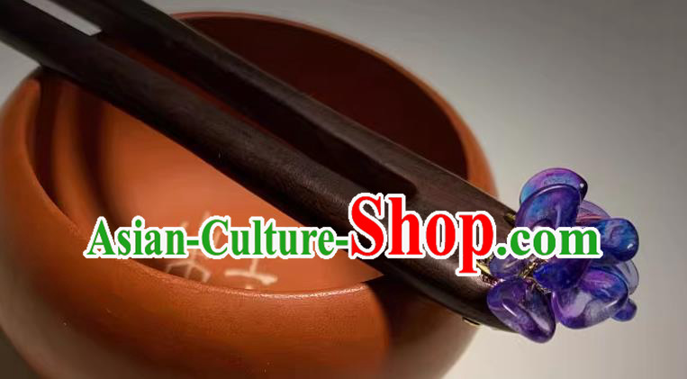 Handmade Cheongsam Hair Jewelry Christmas Gift Chinese Hanfu Purple Glass Headgear Traditional Ebony Hairpin