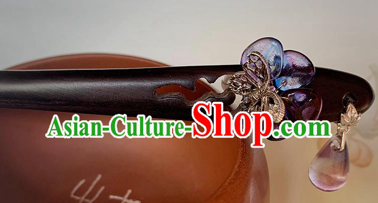 Traditional Ebony Hairpin Handmade Cheongsam Hair Jewelry Christmas Gift Chinese Hanfu Purple Glass Headgear