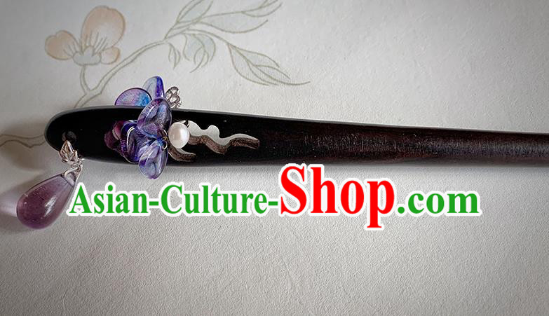 Traditional Ebony Hairpin Handmade Cheongsam Hair Jewelry Christmas Gift Chinese Hanfu Purple Glass Headgear