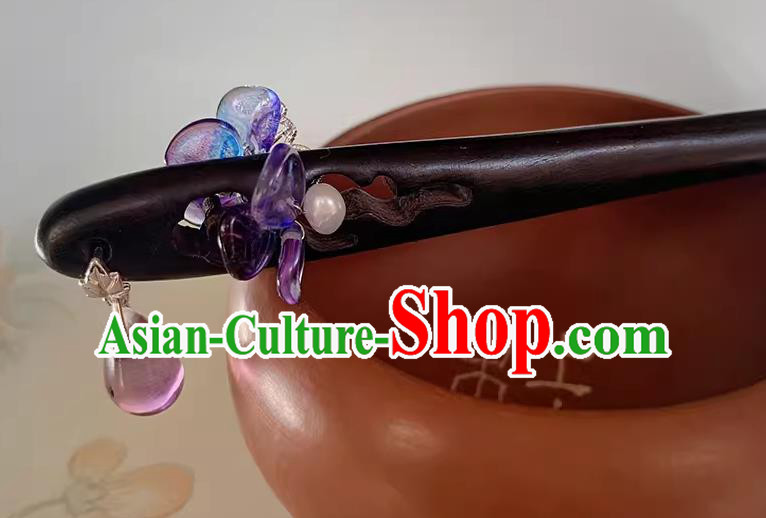Traditional Ebony Hairpin Handmade Cheongsam Hair Jewelry Christmas Gift Chinese Hanfu Purple Glass Headgear