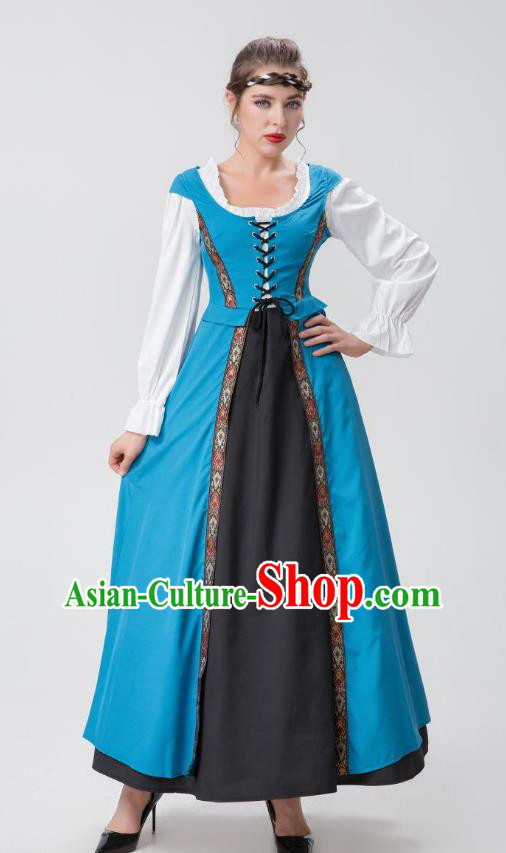 Medieval European Costume Renaissance Woman Court Blue Long Dress Christmas Drama Performance Costume