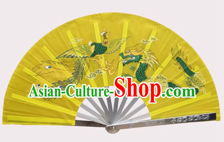 Stage Performance Dragon and Phoenix Yellow Fan Top Stainless Metal Fan Tai Chi Dance Fan Kung Fu Fan