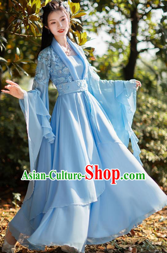 Blue Hanfu Wide Sleeve Fairy Dress China Tang Dynasty Princess Clothing Ancient Goddess Costume
