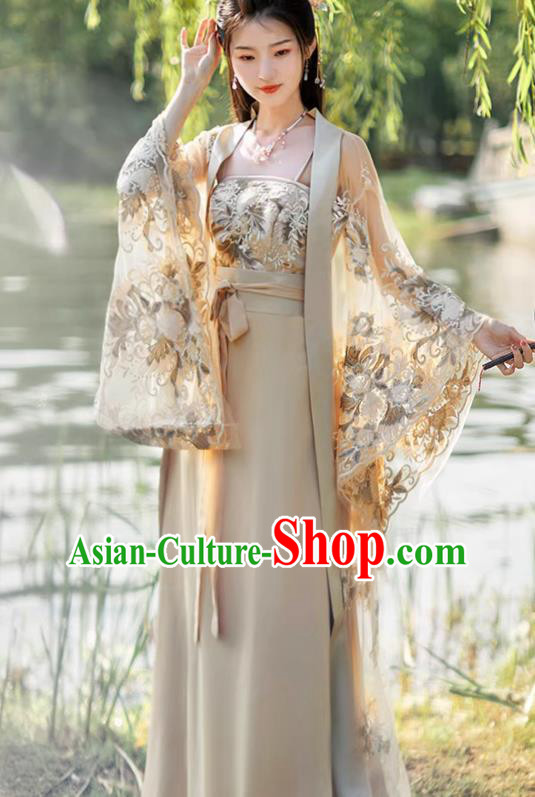 China Ancient Fairy Costume Beige Hanfu Embroidered Dress Tang Dynasty Beauty Dance Clothing