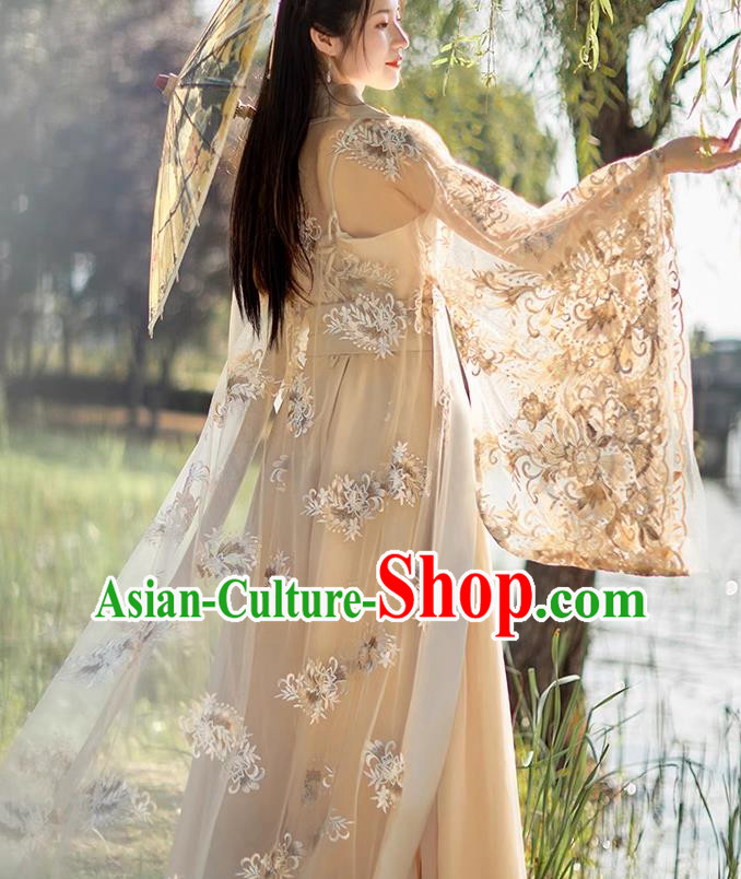 China Ancient Fairy Costume Beige Hanfu Embroidered Dress Tang Dynasty Beauty Dance Clothing