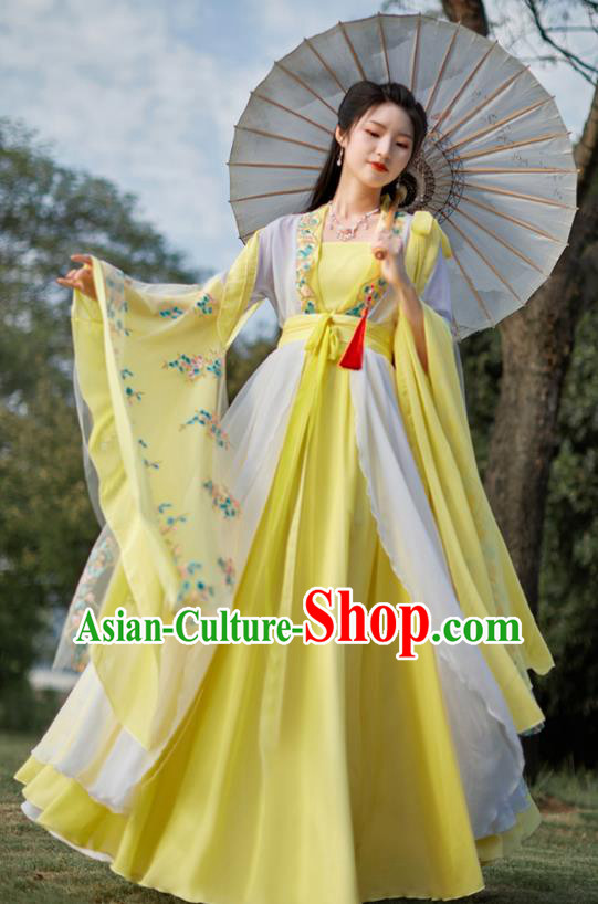 China Tang Dynasty Beauty Dance Clothing Ancient Fairy Costume Yellow Hanfu Embroidered Dress