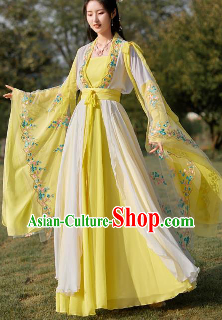 China Tang Dynasty Beauty Dance Clothing Ancient Fairy Costume Yellow Hanfu Embroidered Dress