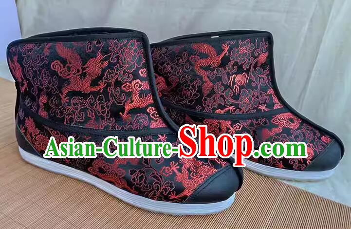 Chinese Old Peking Strong Cloth Soles Shoes Traditional Winter Thermal Boots Handmade Black Brocade Kung Fu Boots