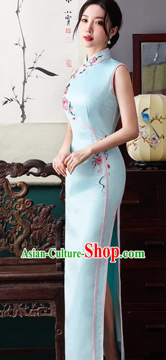Chinese Traditional Dress Light Blue Sleeveless Cheongsam Embroidered Peony Long Qipao