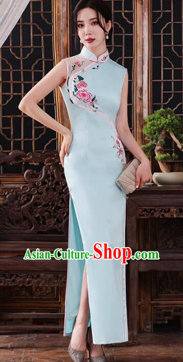 Chinese Traditional Dress Light Blue Sleeveless Cheongsam Embroidered Peony Long Qipao