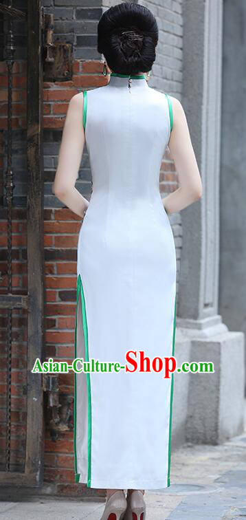 Chinese Embroidered Yulan Mangnolia Long Qipao Traditional Dress White Sleeveless Cheongsam