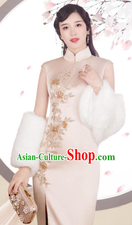 Chinese Champagne Sleeveless Cheongsam Embroidered Beads Long Qipao Elegant Dress