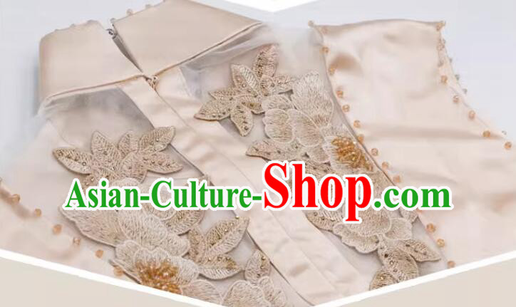 Chinese Champagne Sleeveless Cheongsam Embroidered Beads Long Qipao Elegant Dress