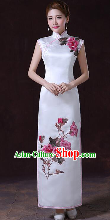 Chinese Elegant Dress White Sleeveless Cheongsam Embroidered Peony Long Qipao