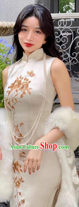 Chinese Embroidered Peony Long Qipao Elegant Dress Champagne Retro Cheongsam