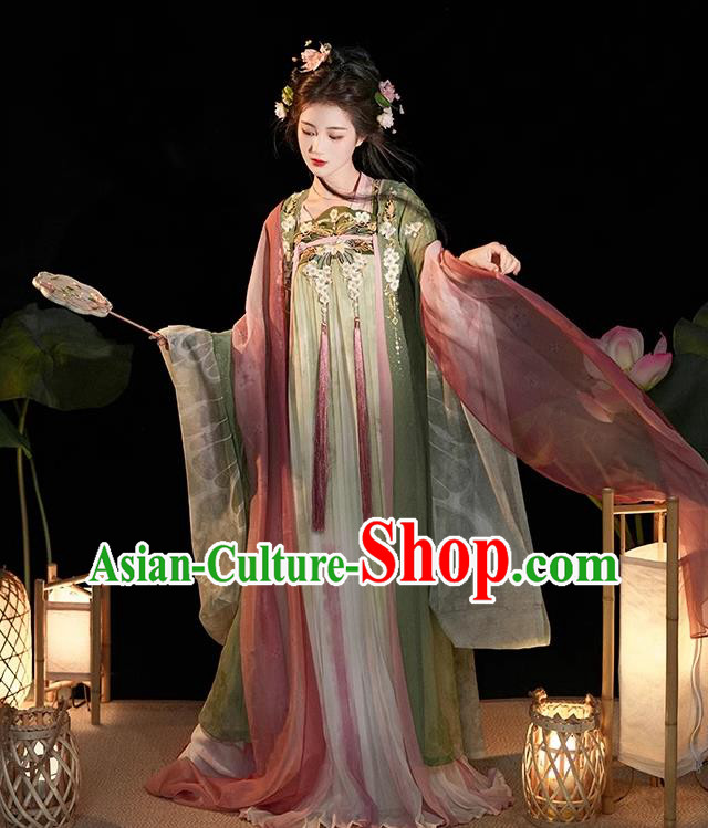 China Ancient Flower Fairy Clothing Tang Dynasty Royal Princess Costumes Traditional Green Hanfu Dresses
