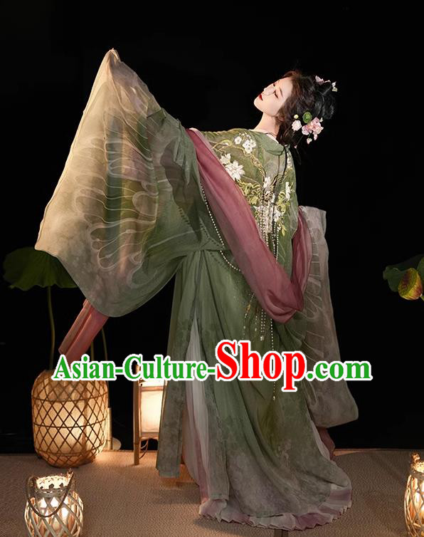 China Ancient Flower Fairy Clothing Tang Dynasty Royal Princess Costumes Traditional Green Hanfu Dresses