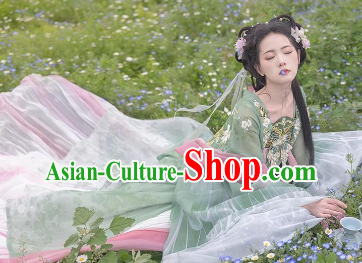 China Ancient Flower Fairy Clothing Tang Dynasty Royal Princess Costumes Traditional Green Hanfu Dresses