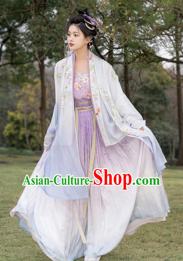 China Traditional Embroidered Hanfu Dresses Ancient Noble Lady Clothing Song Dynasty Princess Lilac Costumes